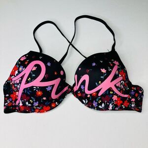 Victoria's Secret Womens PINK Push Up Bra Cross Back Underwire Black Pink 34B